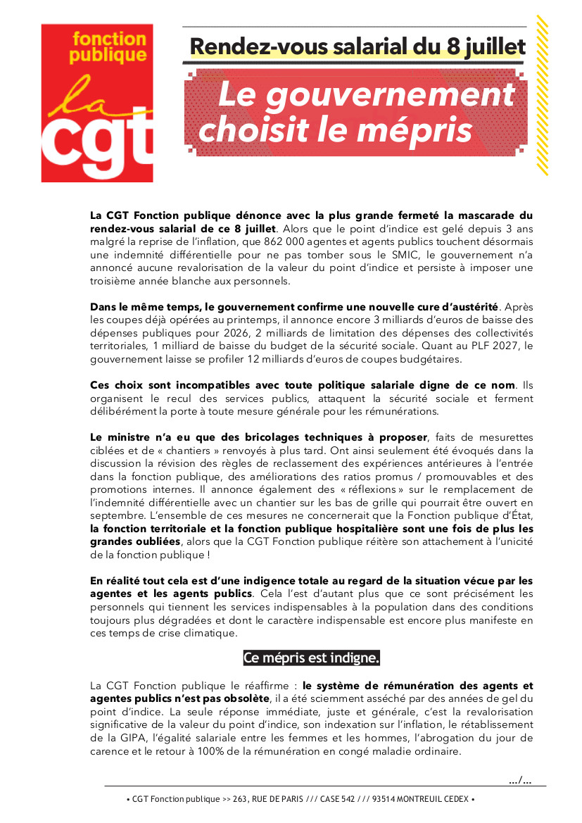 logo Communiqué : Rdv salarial le 8 juillet dans la FP : le gouvernement choisit le mépris !
