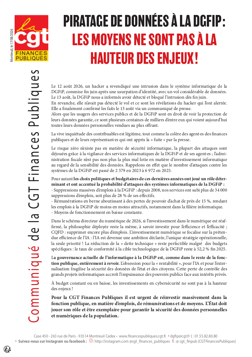 logo Piratage de données à la DGFiP : les moyens ne sont pas à la hauteur des enjeux ! (Communiqué CGT Finances publiques)